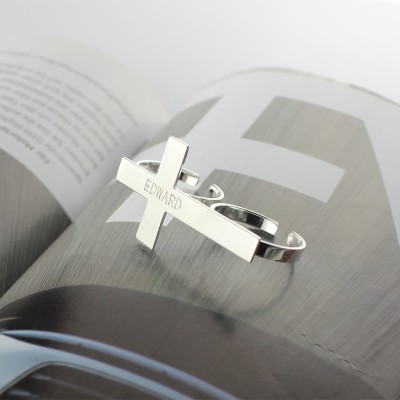 Custom Two finger Cross Ring Engraved Name Sterling Silver - Name My Jewelry ™