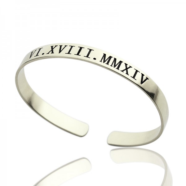 personalized Roman Numeral Date Cuff Bracelet Sterling Silver - Name My Jewelry ™