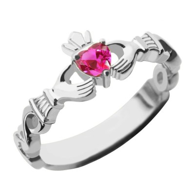 Ladies Claddagh Rings With Birthstone  Name White Gold Plated Silver  - Name My Jewelry ™