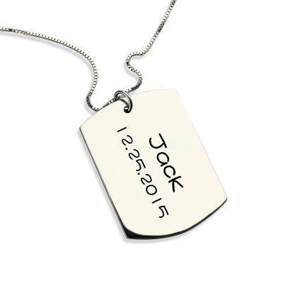 personalized ID Dog Tag Bar Pendant with Name and Birth Date Silver - Name My Jewelry ™