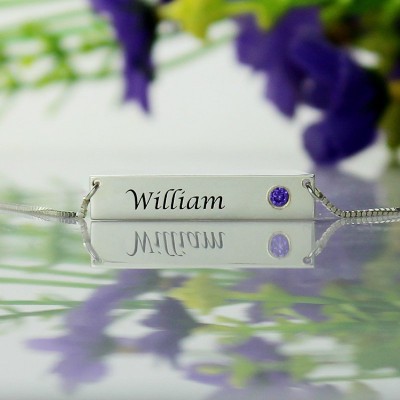 Nameplate Bar Necklace with Birthstone Silver  - Name My Jewelry ™