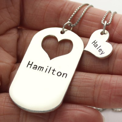 Couples Name Dog Tag Necklace Set with Cut Out Heart - Name My Jewelry ™