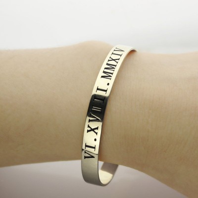 personalized Roman Numeral Date Cuff Bracelet Sterling Silver - Name My Jewelry ™