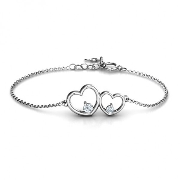 Sterling Silver Double Heart With Two Stones Bracelet  - Name My Jewelry ™