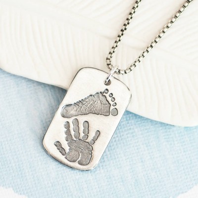 Footprint Handprint personalized Mens Dog Tag Necklace - Two Pendants - Name My Jewelry ™