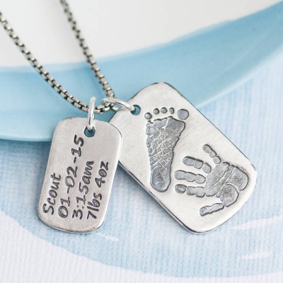Dog Tag With Baby Prints And Birth Info Necklace - Two Pendants - Name My Jewelry ™