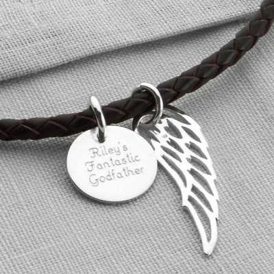 personalized Silver Wing And Disc Leather Necklet - Name My Jewelry ™