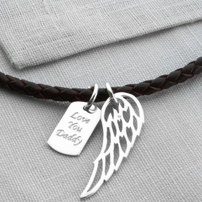 personalized Silver Wing And Dogtag Leather Necklet - Name My Jewelry ™