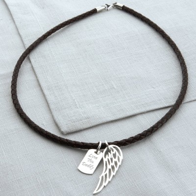 personalized Silver Wing And Dogtag Leather Necklet - Name My Jewelry ™