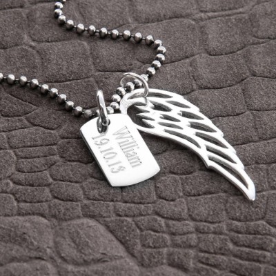 personalized Sterling Silver Wing And Dogtag Pendant - Name My Jewelry ™