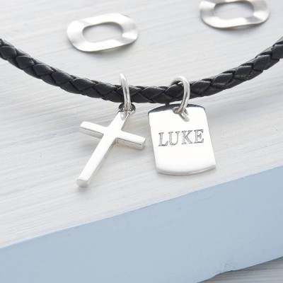 personalized Silver Cross And Tag Leather Necklet - Name My Jewelry ™
