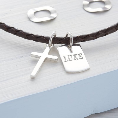 personalized Silver Cross And Tag Leather Necklet - Name My Jewelry ™