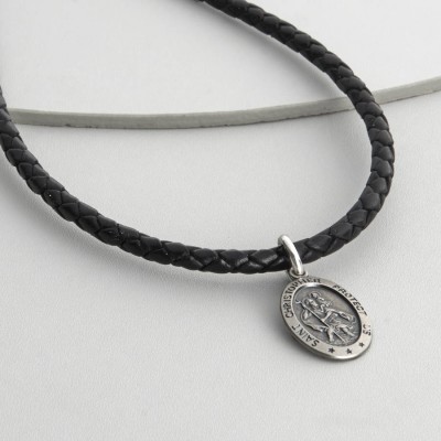 Mens personalized Woven Leather St Christopher Necklet - Name My Jewelry ™