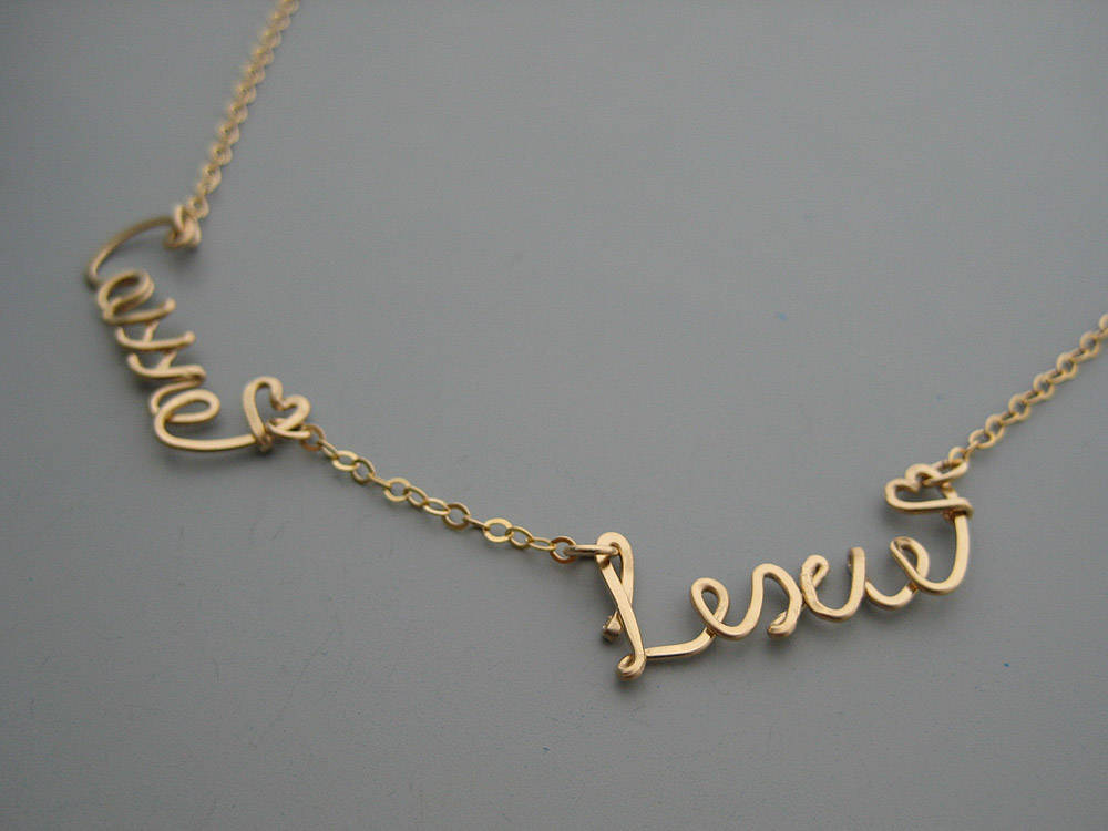 2 Name Necklace with Tiny Hearts - gold filled customized choker with two kids names for grandma or mom of twins