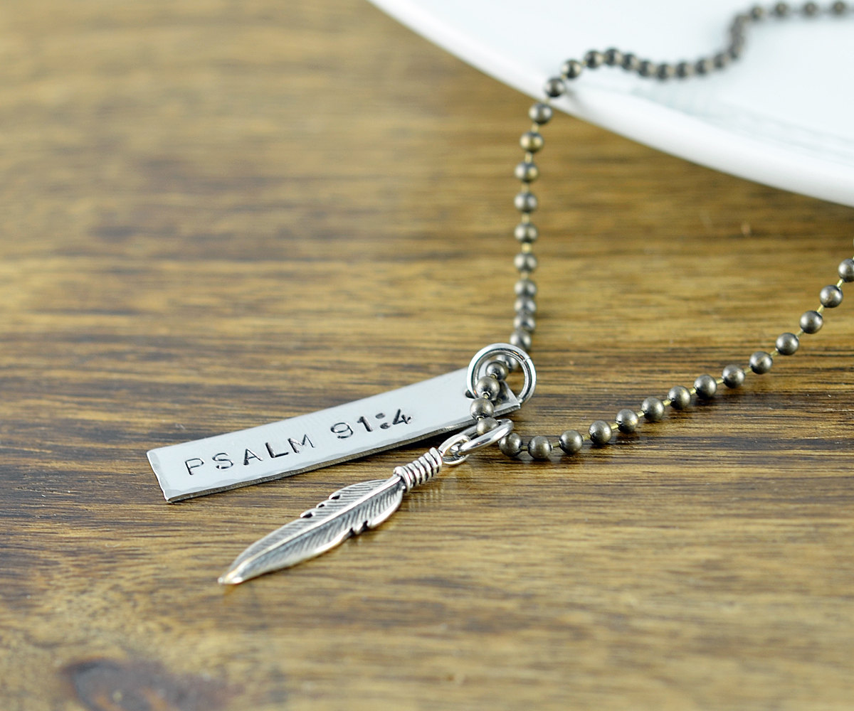 Gift For Men, Mens Hand Stamped Gift, Personalized Necklace, Psalm 91, Feather Necklace, Hand Stamped Jewelry, Boyfriend Gift