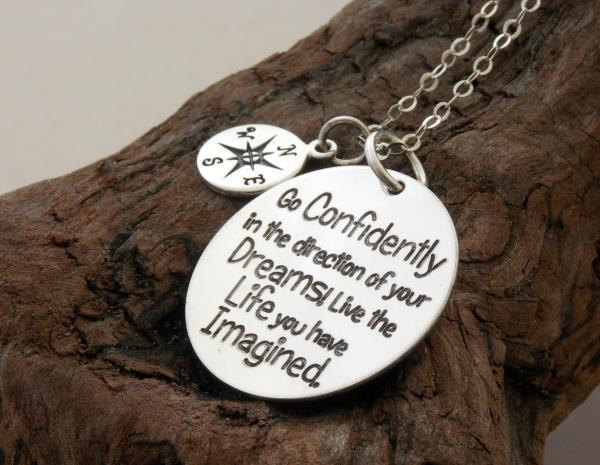 Gift for Graduate, custom engraved handmade sterling silver necklace/keyring &quot;Go confidently in the direction of your dreams&quot; Compass Charm