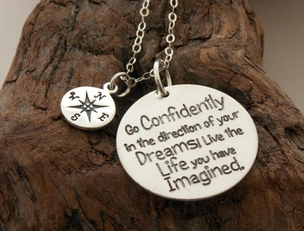 Gift for Graduate, custom engraved handmade sterling silver necklace/keyring &quot;Go confidently in the direction of your dreams&quot; Compass Charm