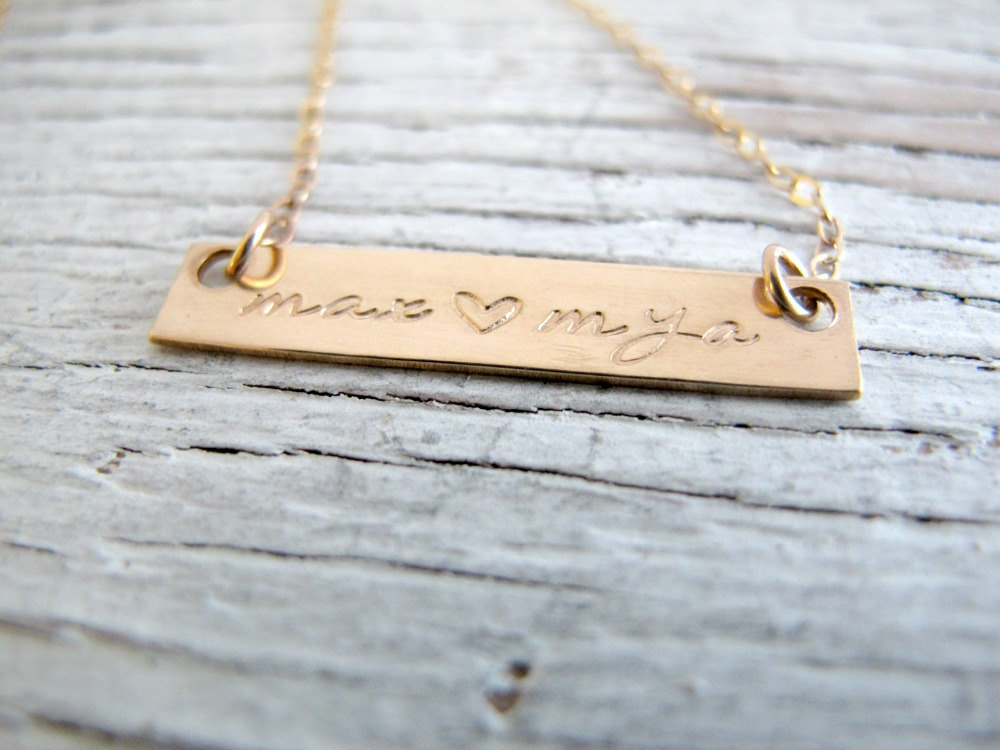 Gold Bar Name Necklace, Mother's Gold Necklace, Personalized Rectangle Necklace, Hand Stamped Gold Jewelry