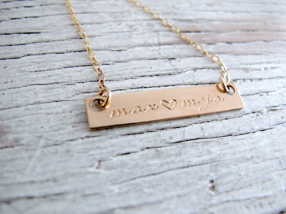 Gold Bar Name Necklace, Mother's Gold Necklace, Personalized Rectangle Necklace, Hand Stamped Gold Jewelry