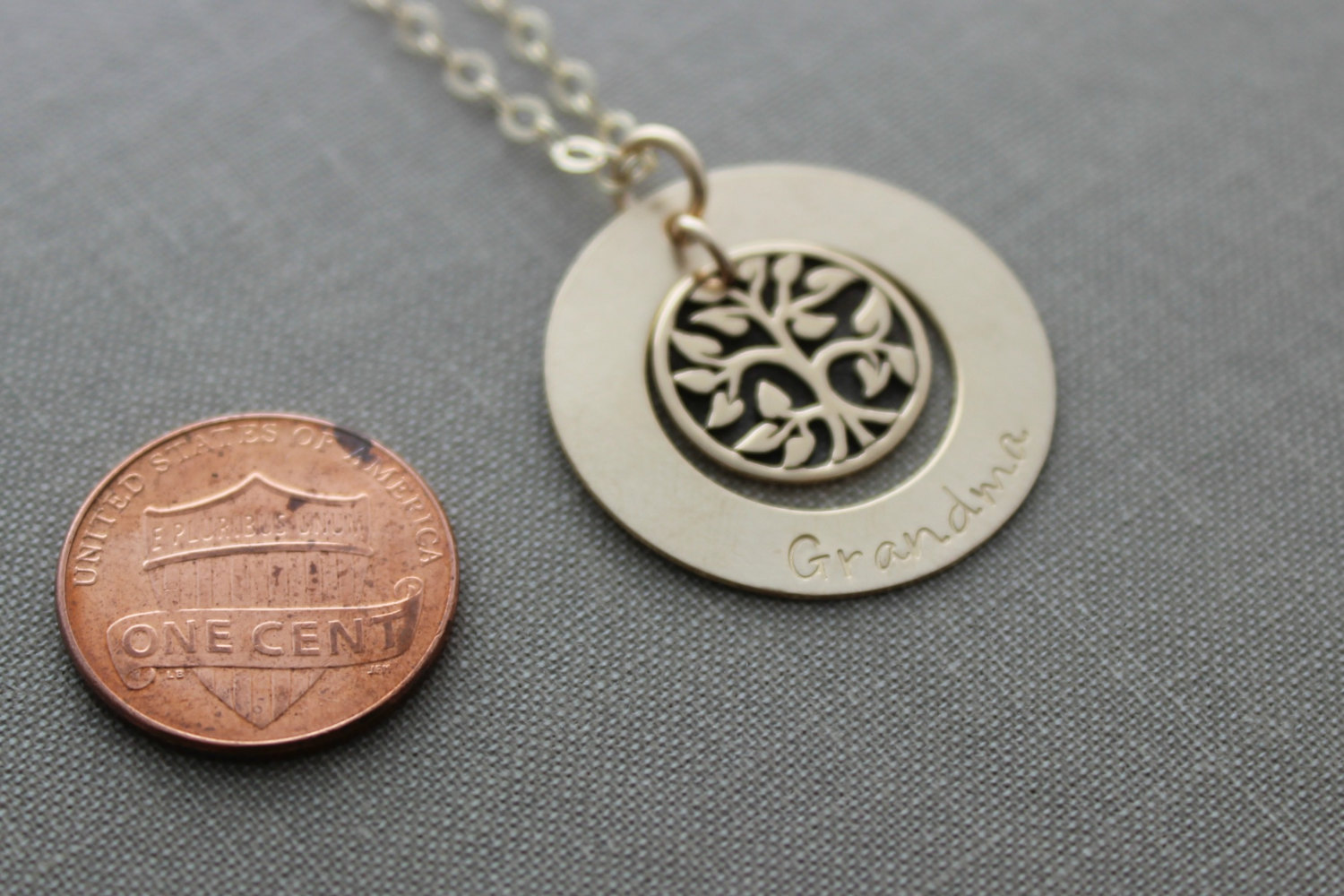 Gold Family Tree necklace - Personalized with Name of choice, Gift for Grandma or Mom, Christmas Gift Idea , Hand stamped, Stocking stuffer