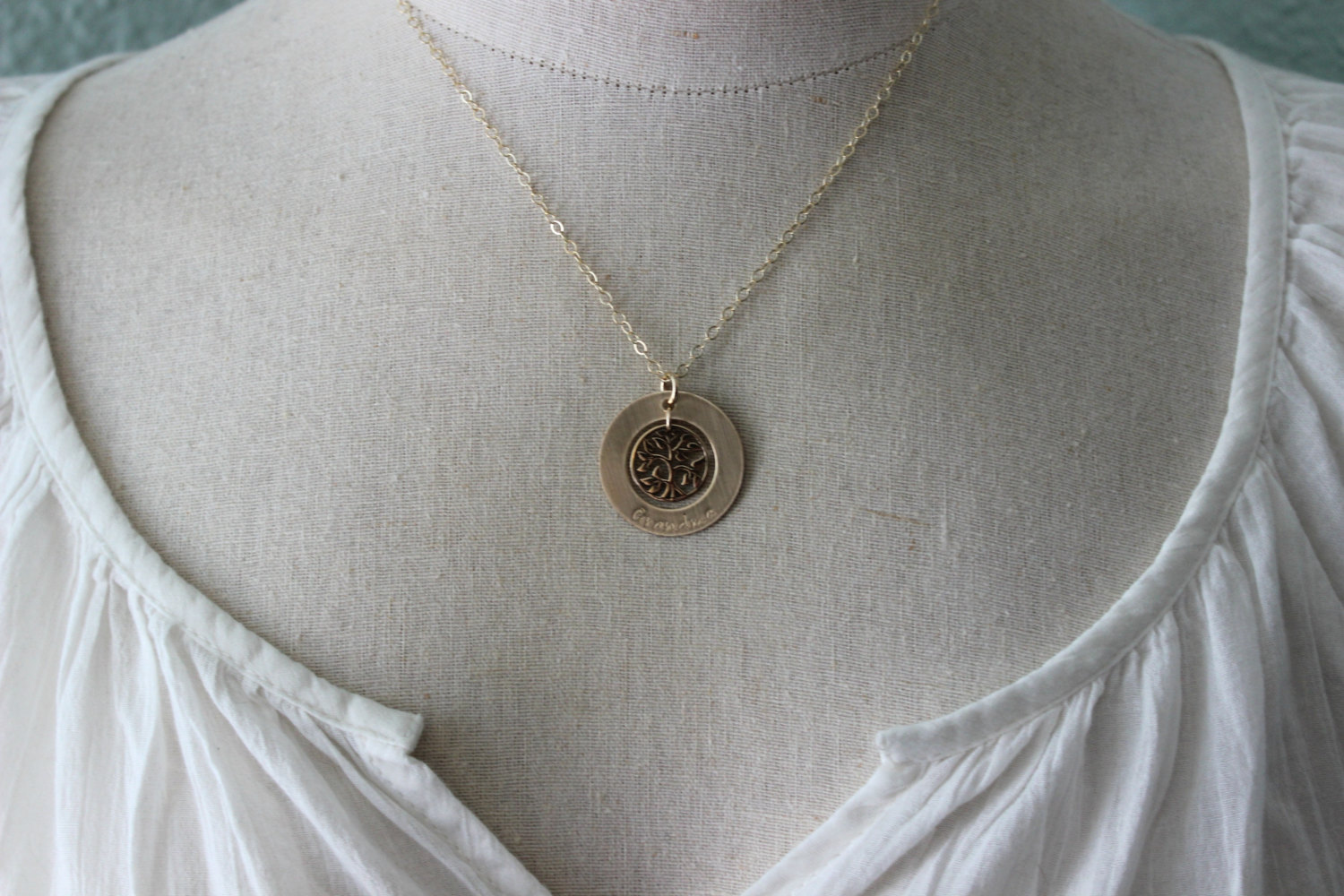 Gold Family Tree necklace - Personalized with Name of choice, Gift for Grandma or Mom, Christmas Gift Idea , Hand stamped, Stocking stuffer