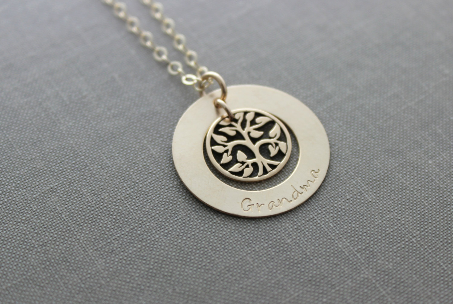 Gold Family Tree necklace - Personalized with Name of choice, Gift for Grandma or Mom, Christmas Gift Idea , Hand stamped, Stocking stuffer