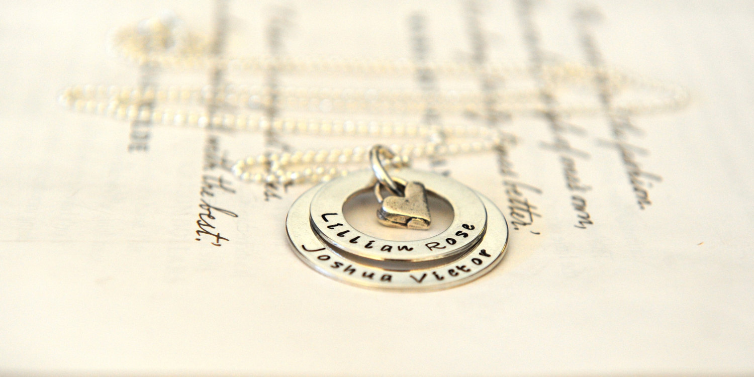 Hand Stamped Necklace, Personalized Jewellery, Personalized For Mom, Layered Washers, Childrens Names, Sterling Silver, Hand Stamped Washers