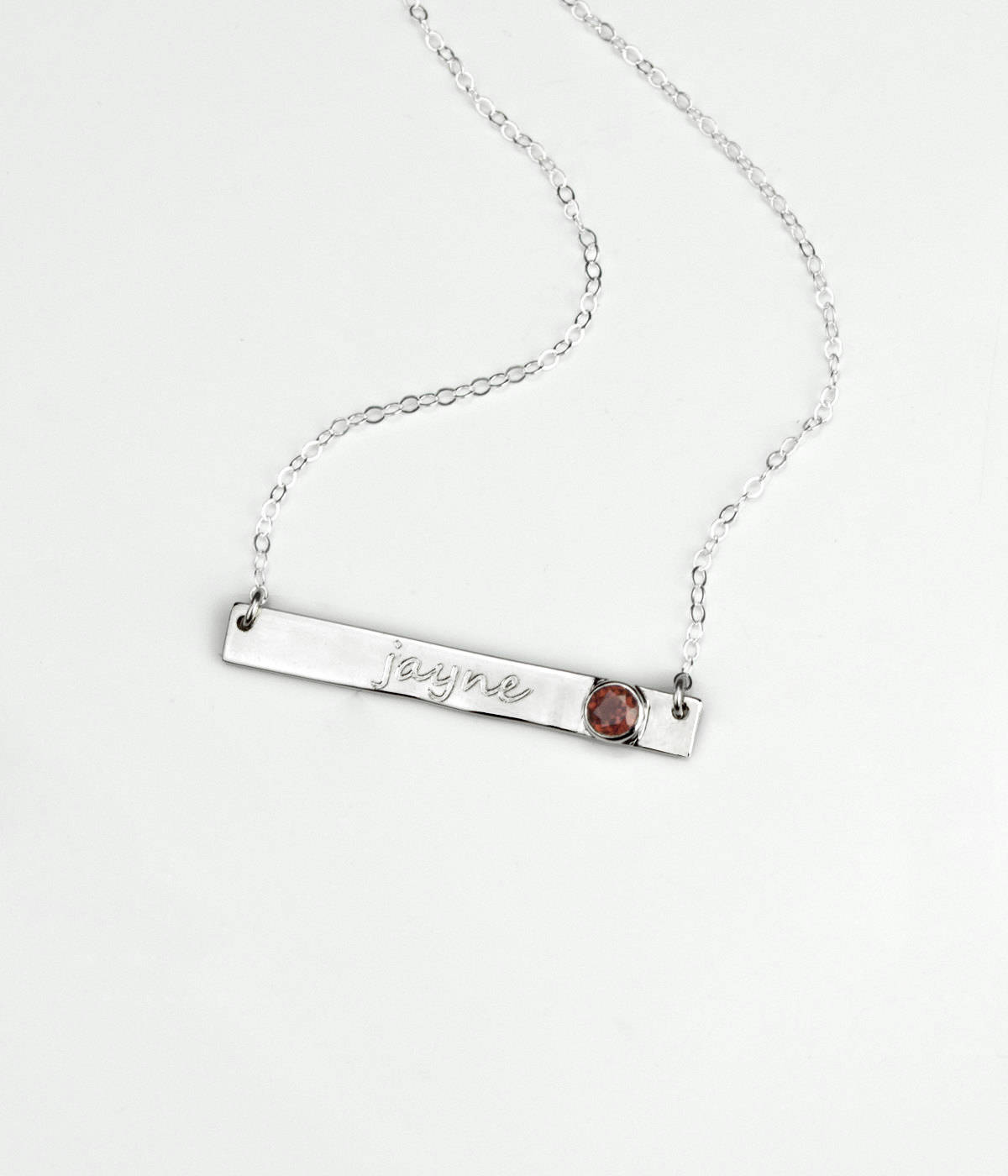 January Birthstone Name Necklace, Personalized Garnet Necklace, Silver Engraved Bar Necklace Engraved Name Necklace Gemstone on Bar Necklace