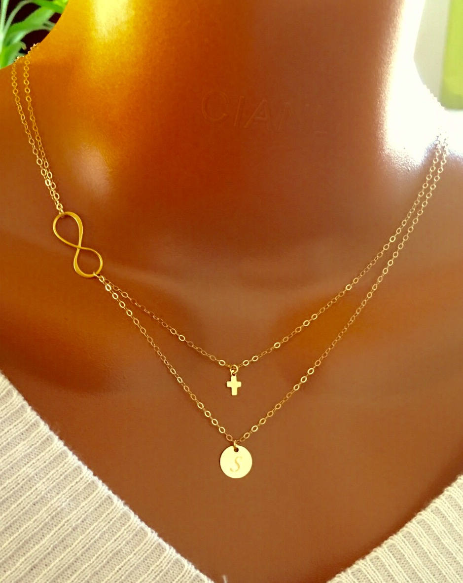 Layered Infinity tiny cross and disc necklace, All 14k gold filled, personalized letter, personalized gift