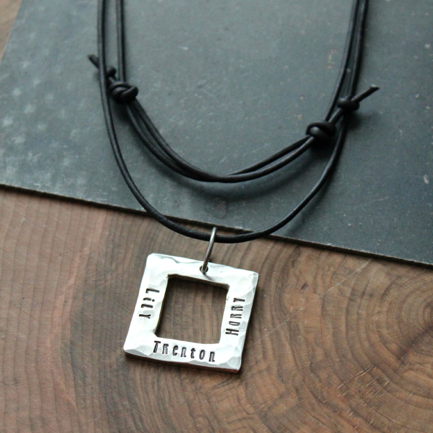 Men's Personalized Necklace, Leather Men's Necklace, Father's Gift, Mans Square Necklace, Men's Gift, Hand Stamped Necklace - Shawn Necklace
