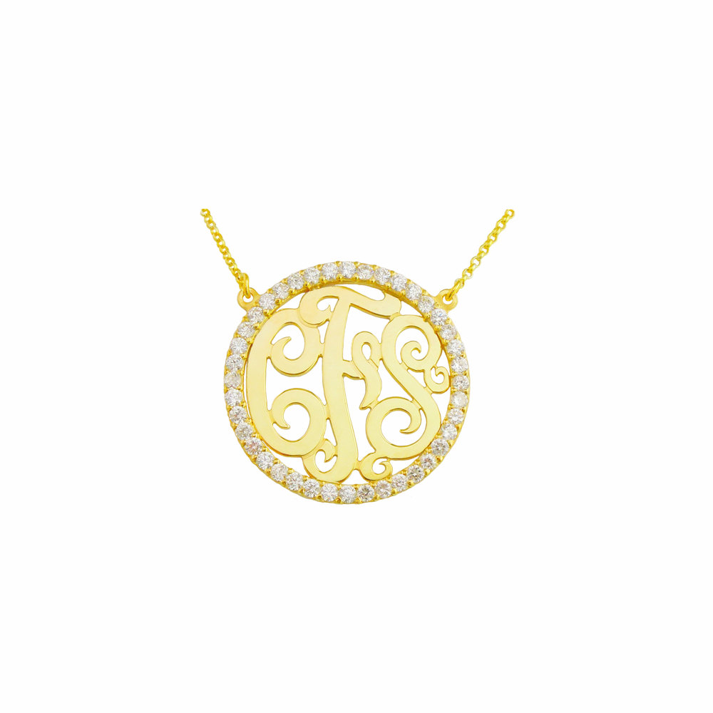 Mono207 - Yellow Plated  1-3/8&quot; Sterling Silver w/ 40 Swarovski Cubic Zirconia stones Monogram Necklace