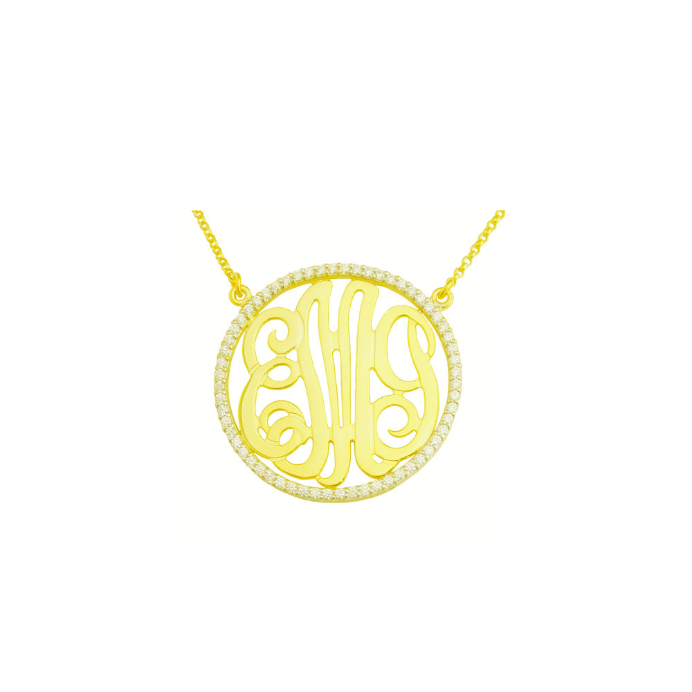 Mono85 Yellow Gold  Plated1-3/8&quot; Sterling Silver w/ 58 Swarovski Cubic Zirconia Monogram Necklace