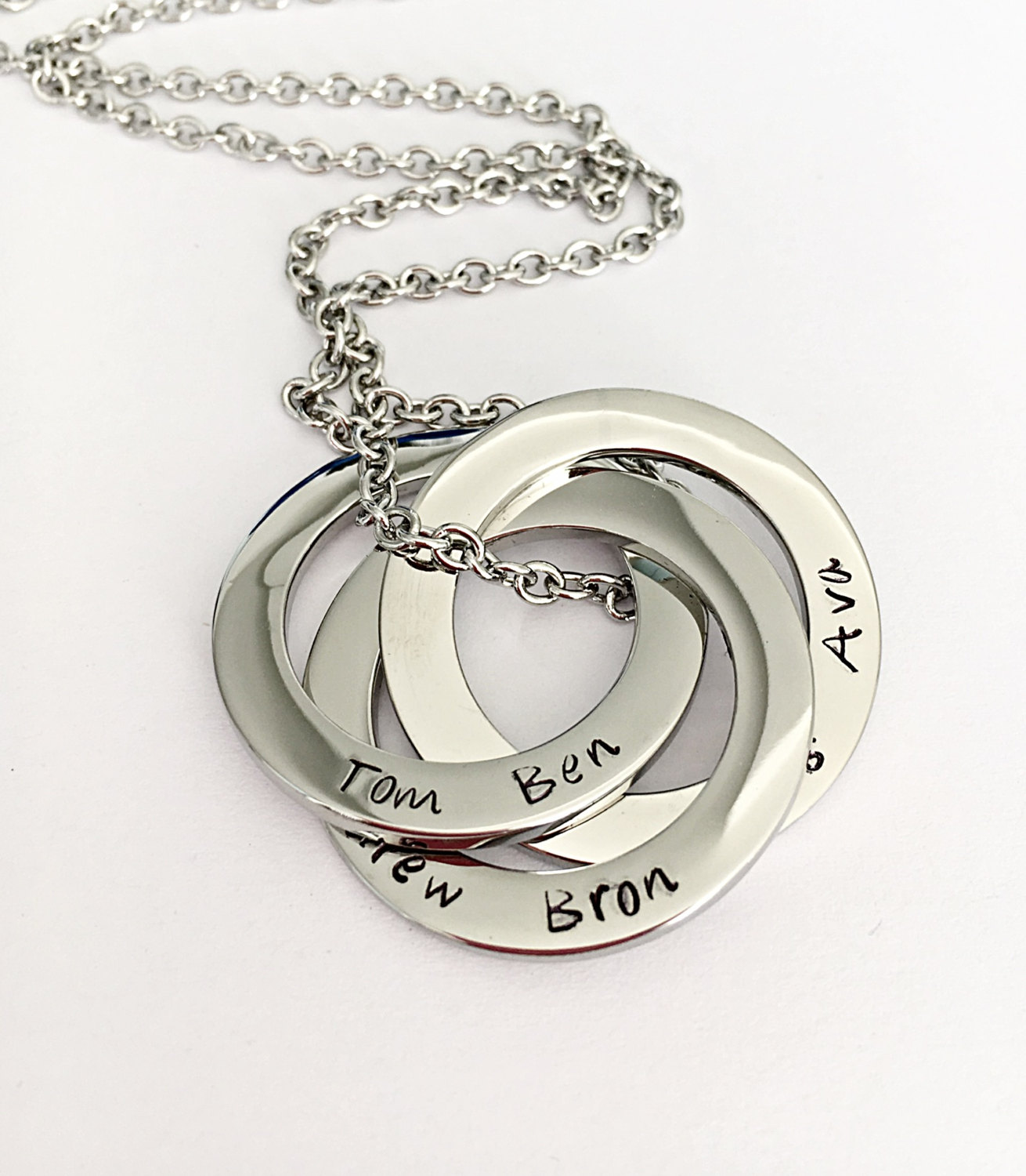 Mothers Day Jewelry, Russian Rings Necklace, Joined Rings Necklace, Hand Stamped Jewelry, Personalized Necklace For Mom, Connecting Rings