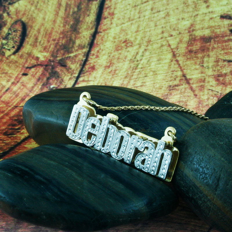 Nameplate Necklace, White &amp; Yellow Gold Plated, Silver, Personalized Name in English Letters, Block, Double Plated, NN002A