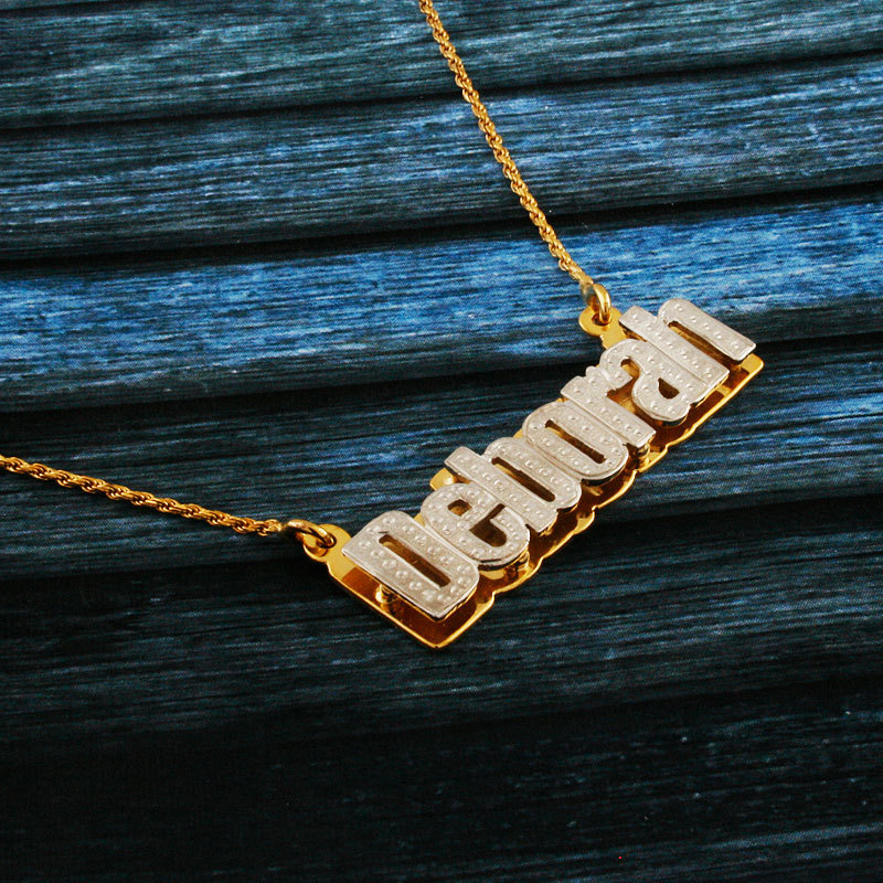 Nameplate Necklace, White &amp; Yellow Gold Plated, Silver, Personalized Name in English Letters, Block, Double Plated, NN002A