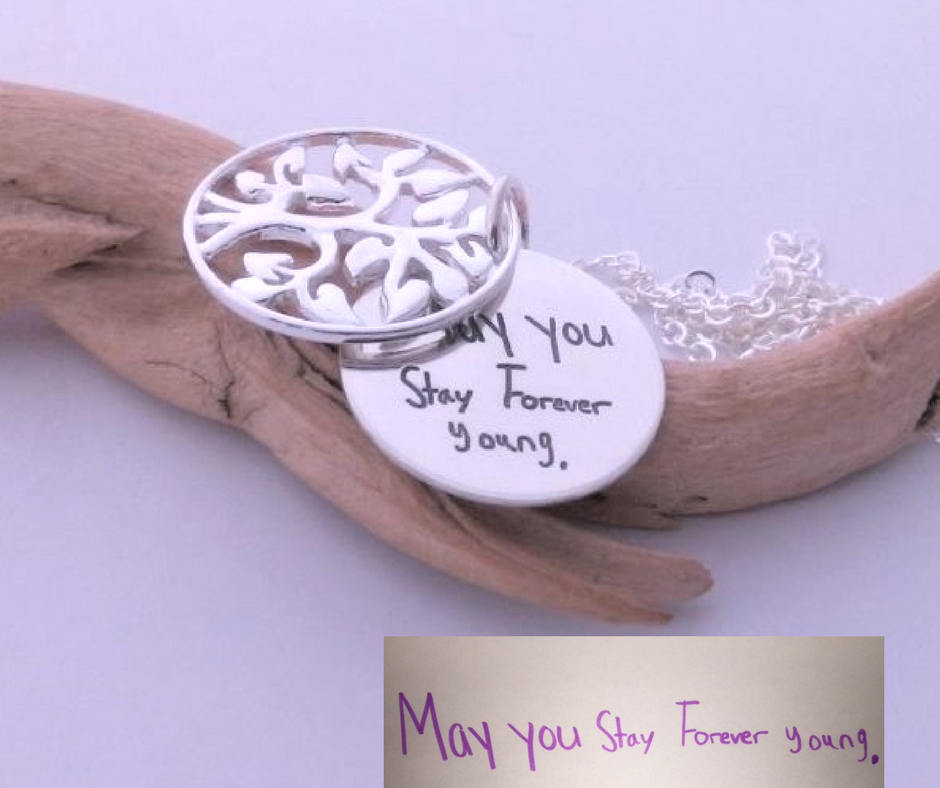 Original handwriting sterling silver tree of life necklace, Handmade Handwritten Jewelry, custom engraved Daughter Mom Granny keepsake gift