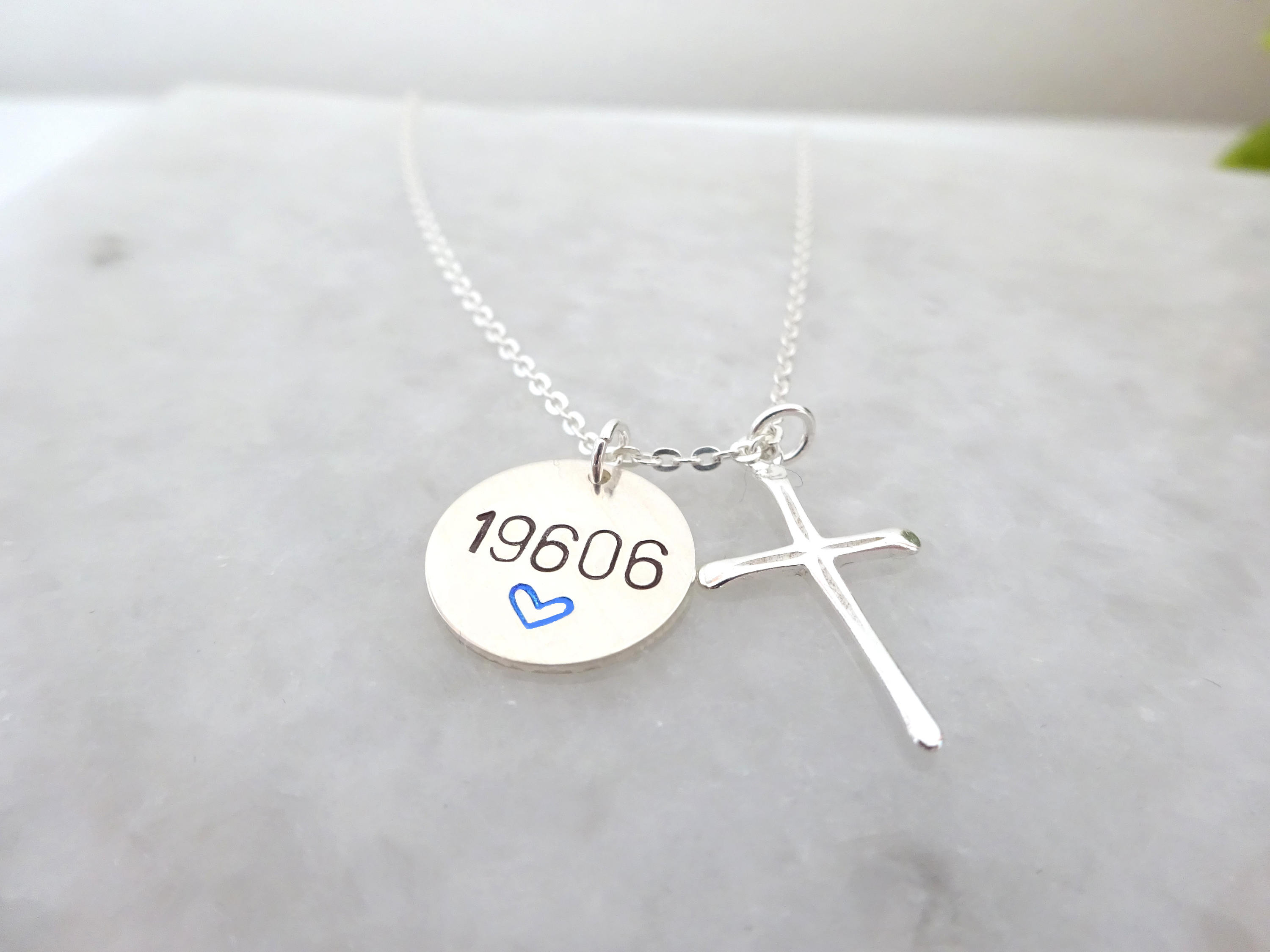 Personalized disc necklace for Police wife with Sterling silver cross charm, Custom law enforcement badge number pendant, Police necklace