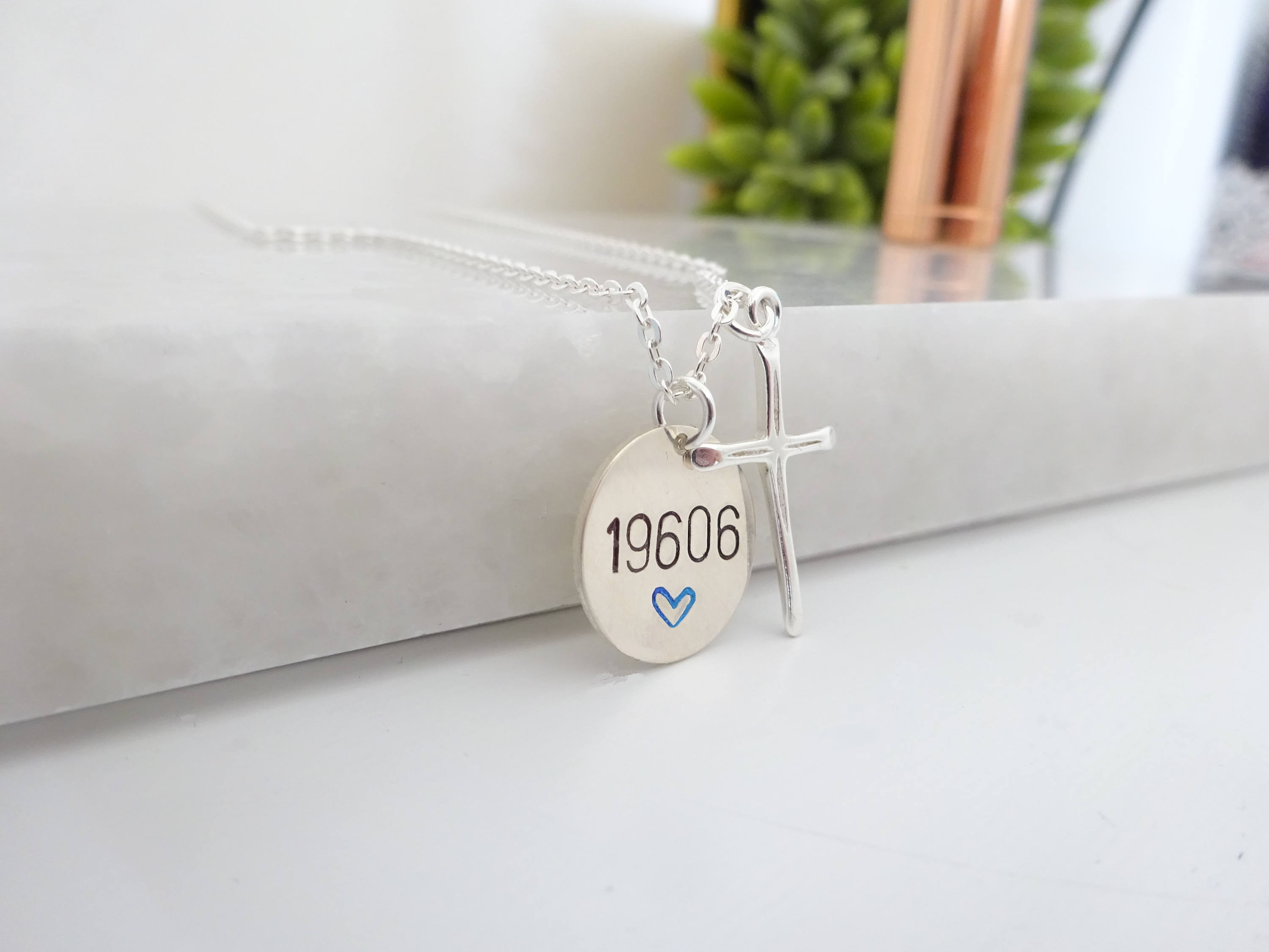 Personalized disc necklace for Police wife with Sterling silver cross charm, Custom law enforcement badge number pendant, Police necklace