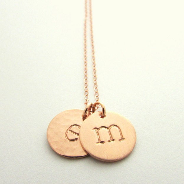 Rose Gold Initial Necklace | Letter Charms | Brushed Hammered Shiny | 14K Gold Filled