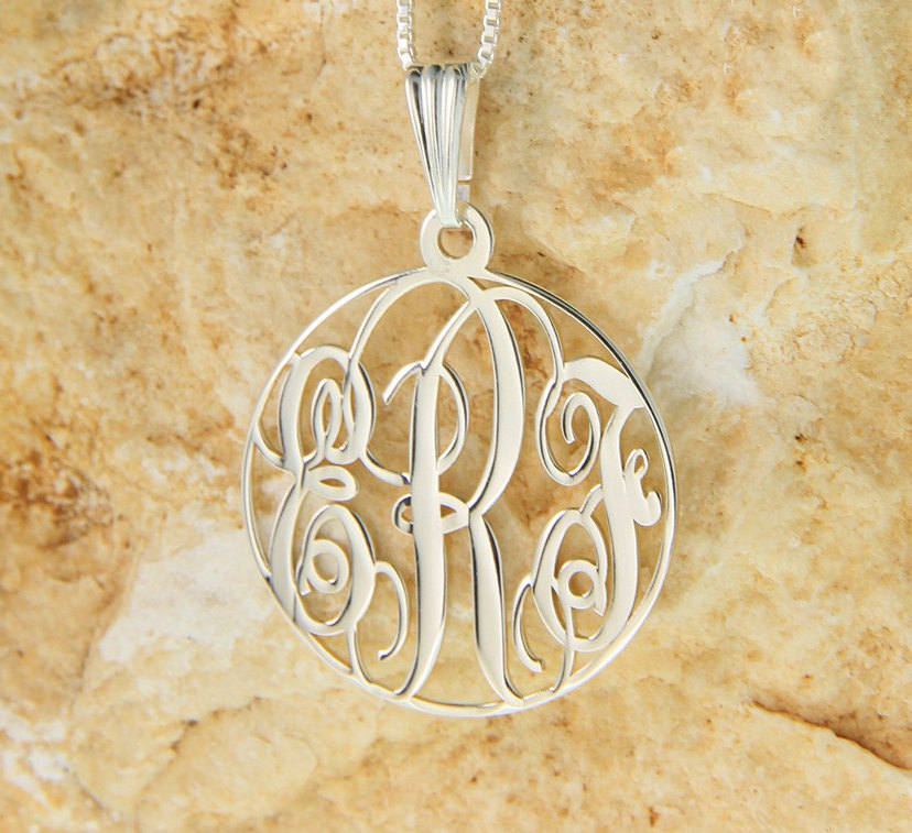 Sterling Silver Circle Monogram Necklace 1.2&quot; with chain