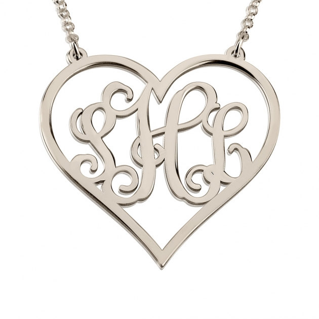 Sterling Silver Heart Monogram Necklace 1.2&quot;