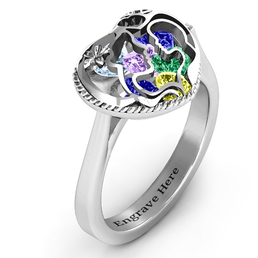 Mother and Child Caged Hearts Ring with Ski Tip Band - Name My Jewelry &trade;