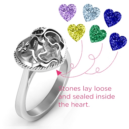 Mother and Child Caged Hearts Ring with Ski Tip Band - Name My Jewelry &trade;