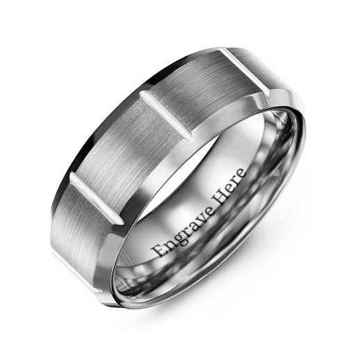 Men's Brushed Vertical Grooved Polished Tungsten Ring - Name My Jewelry &trade;
