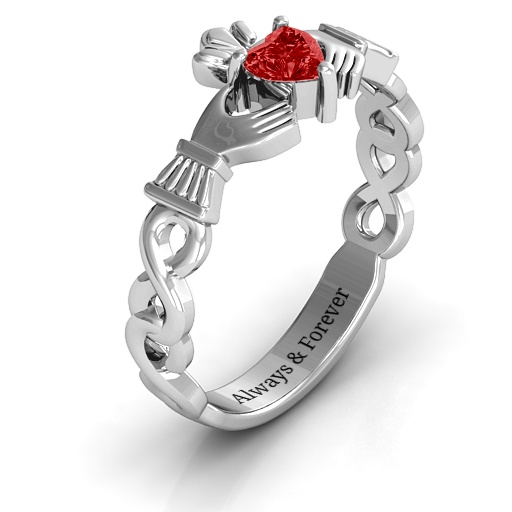 Sterling Silver Infinity Claddagh with Heart Stone Ring and Amethyst (Simulated) Stone  - Name My Jewelry &trade;