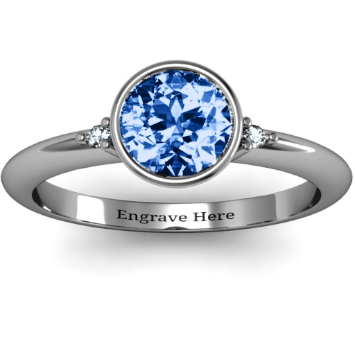 Sterling Silver Round Bezel Solitaire with Twin Accents Ring - Name My Jewelry &trade;