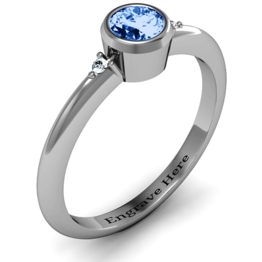 Sterling Silver Round Bezel Solitaire with Twin Accents Ring - Name My Jewelry &trade;