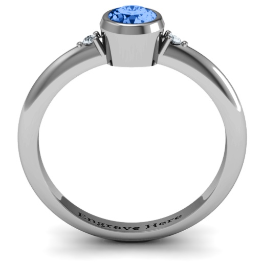 Sterling Silver Round Bezel Solitaire with Twin Accents Ring - Name My Jewelry &trade;