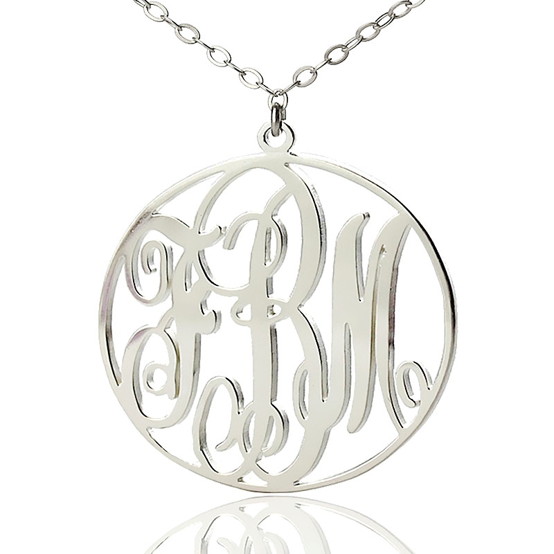 personalized 18ct White Gold Plated Vine Font Circle Initial Monogram Necklace - Name My Jewelry &trade;