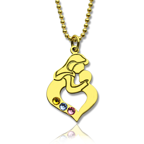 personalized Mother Child Necklace with Birthstone Gold Plated Silver  - Name My Jewelry &trade;